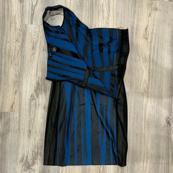 Jay Godfrey Blue Black Stripe One Shoulder Sleeveless Asymmetrical Dress Size 2 - Picture 7 of 7